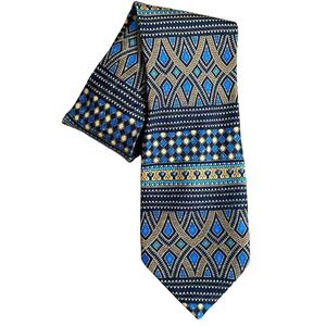 DeSantis Collection Silk Tie Navy Blue Gold Geometric Tapestry Handmade Italy